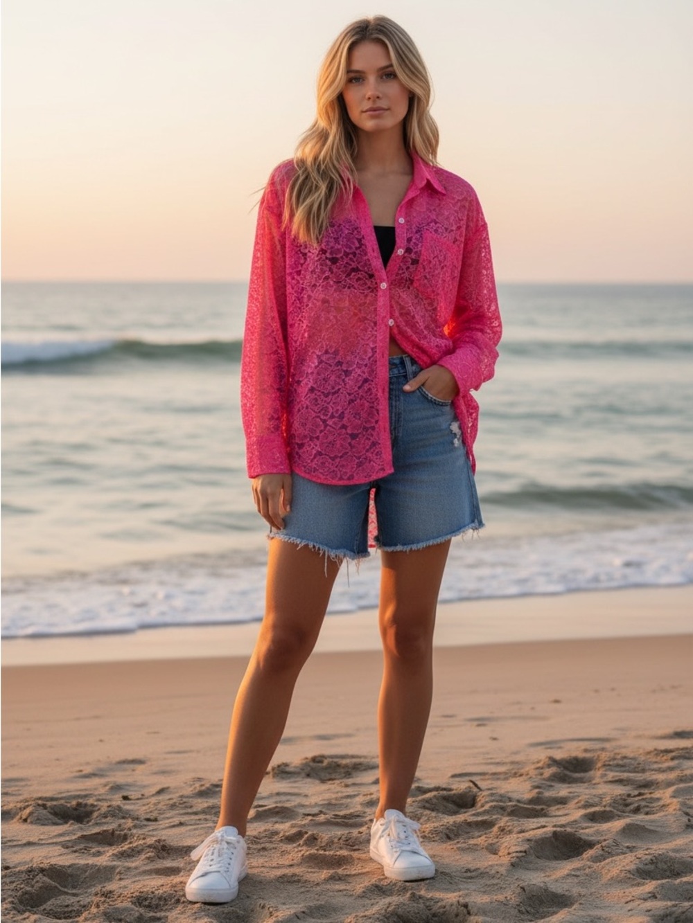 Anthropologie Hot Pink Sheer Lace Button-Down Shirt